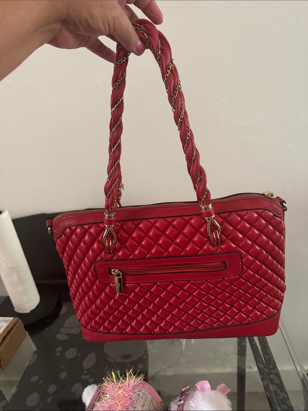 Quilted Red Women's Top-Handle Handbag with Gold Hardware - Picture 7 of 10